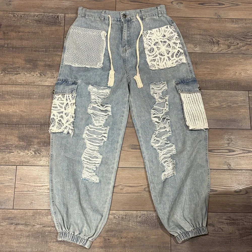 POL Distressed Lace Denim Joggers - Picture 2 of 5